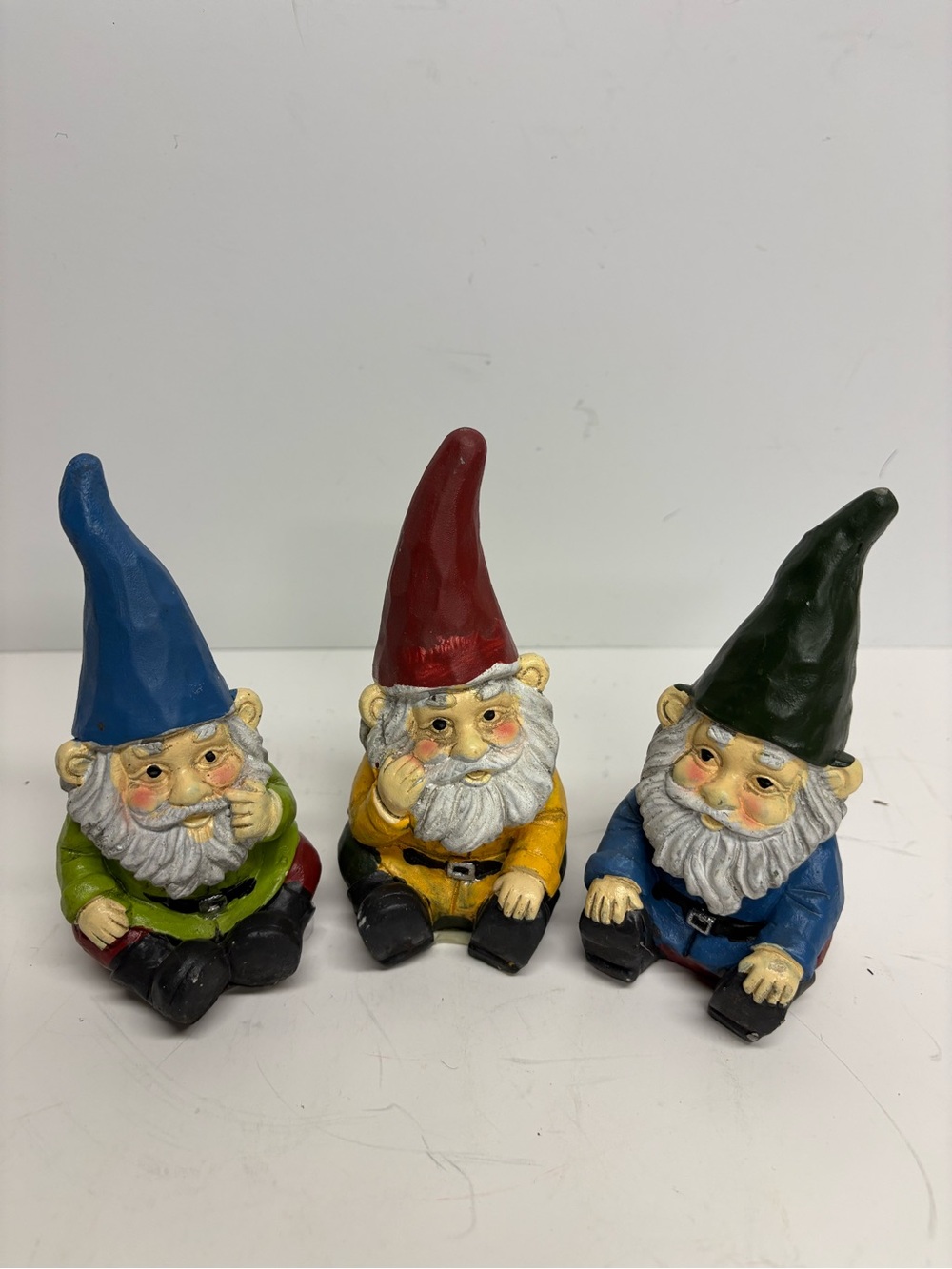 Set of 3 Garden Gnome Figurines - Red, Blue, Green Hats Fairy Garden Porch Decor